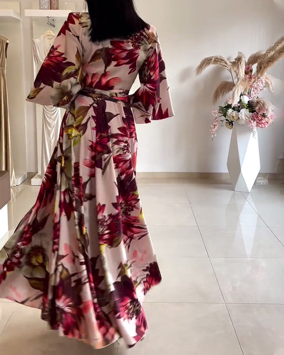 Floral print lapel three-quarter sleeve lace-up dress