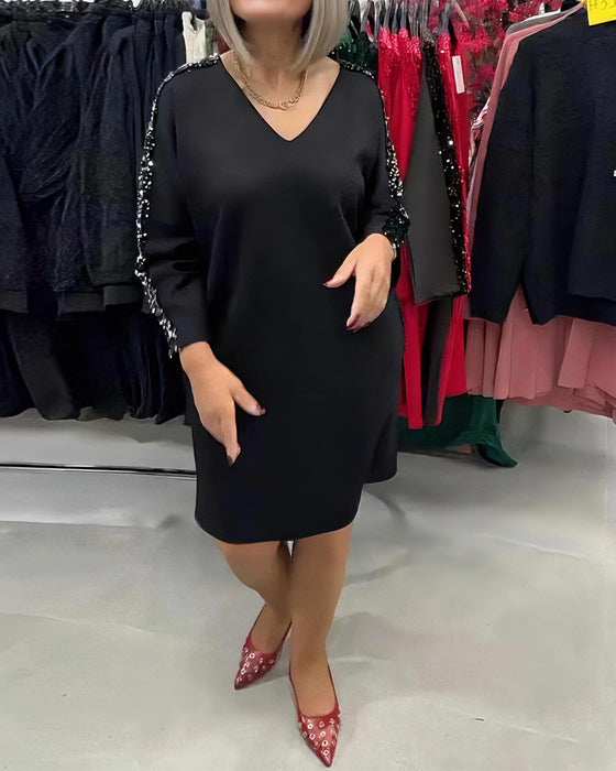 V-Neck Sequined Sweatshirt Dress