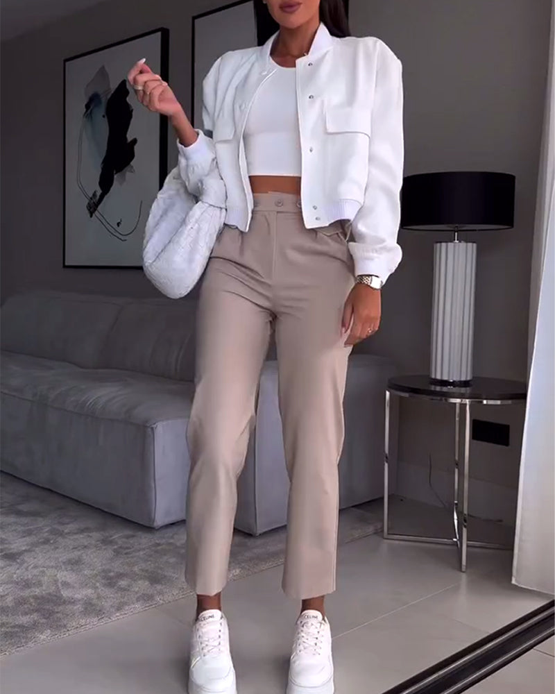 Solid color pocket casual suit pants