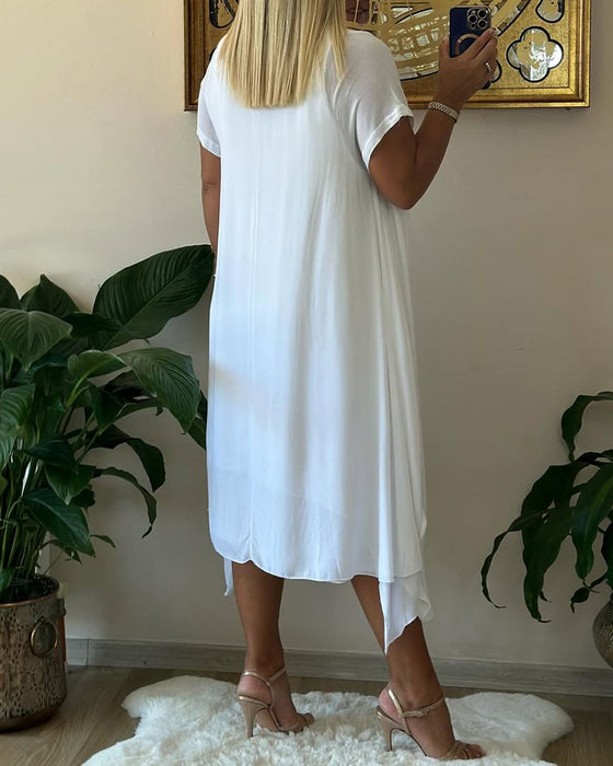 Fake Two-Piece Double-Layer Loose Short-Sleeved Dress