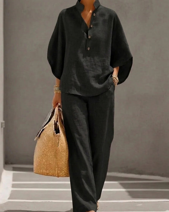 Stand Collar Batwing Sleeve Wide-Leg Pants Set