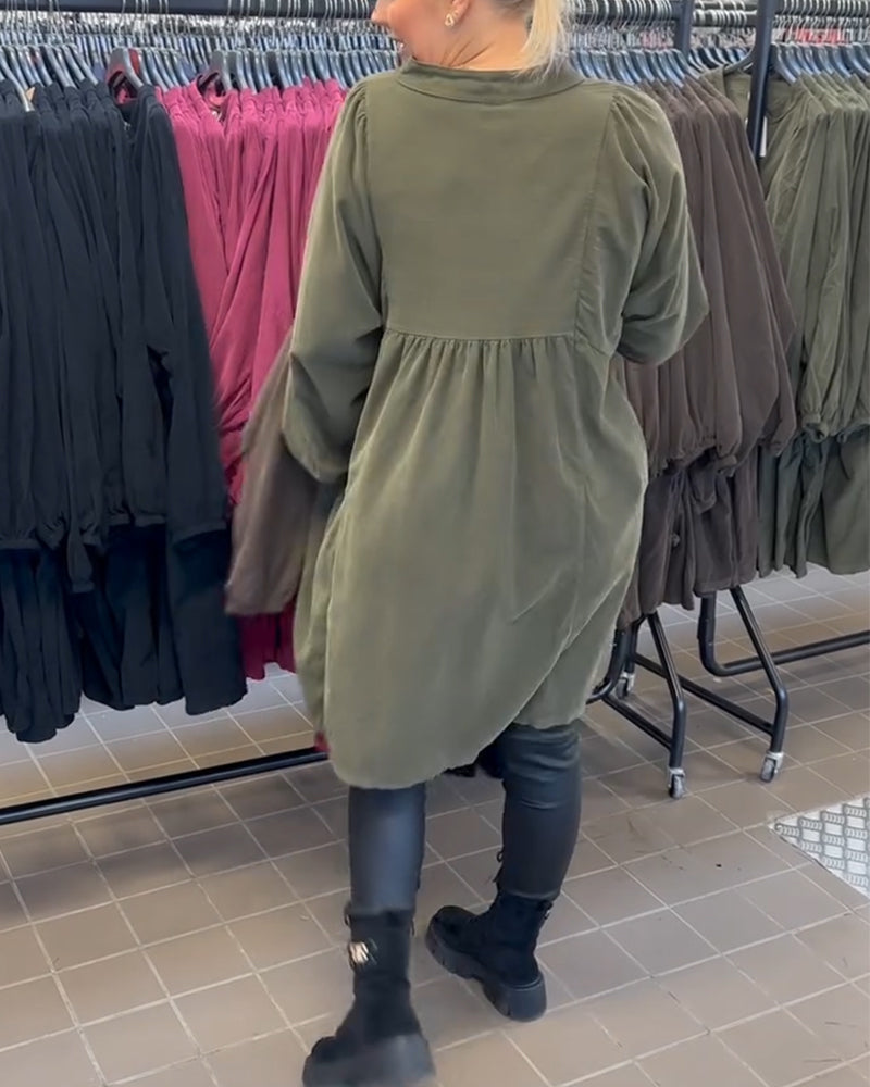 Button V-Neck Long-Sleeved Dress