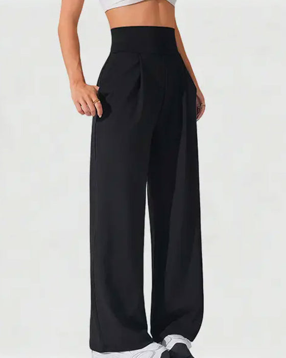 High Waist Pocket Solid Color Wide Leg Pants