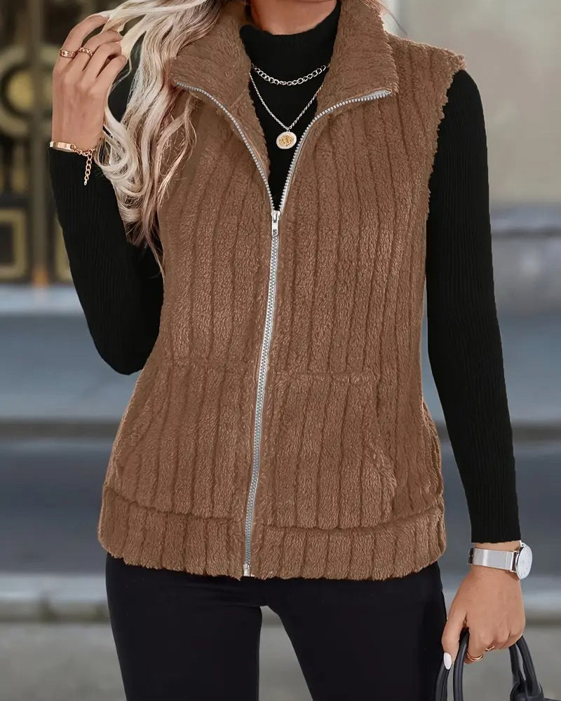 Cozy Plush Stand Collar Vest Coat