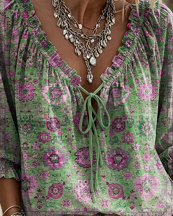 V-Neck Tie Vintage Print Blouse