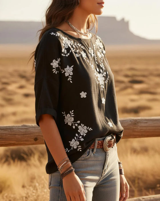 Crew Neck Drop Shoulder Loose Floral Blouse