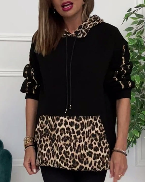 Casual leopard print pocket lace-up hoodie