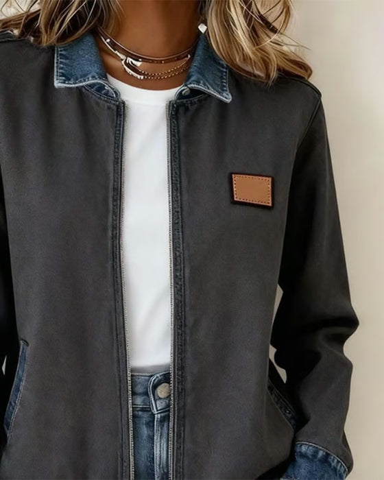 Contrast Lapel Zip-Up Coat