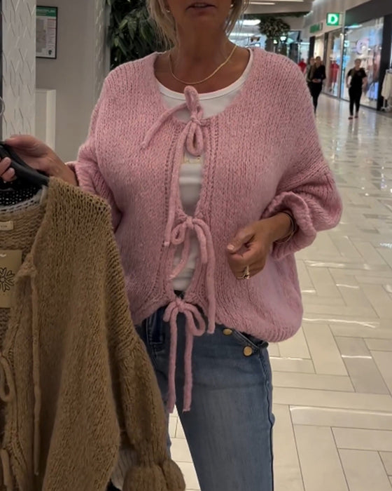 Casual solid color lace-up long-sleeve cardigan