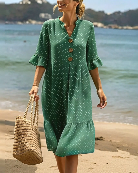 Polka Dot V-Neck Ruffle Sleeve Dress