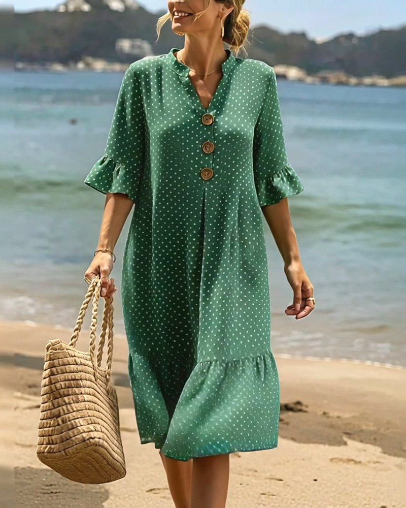 Polka Dot V-Neck Ruffle Sleeve Dress