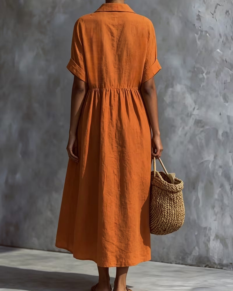 Peter Pan Collar Shirred Solid Dress
