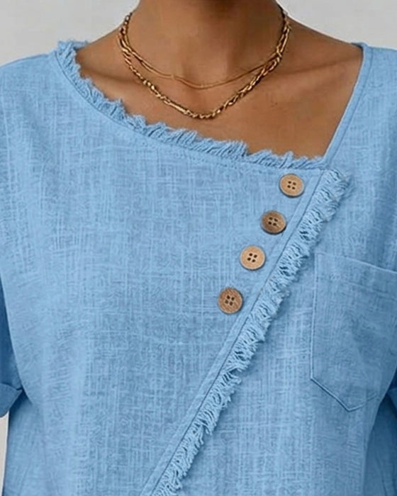 Raw Edge Bias Button Short-Sleeved Blouse