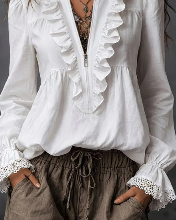 Zippered Ruffle-Sleeve Blouse