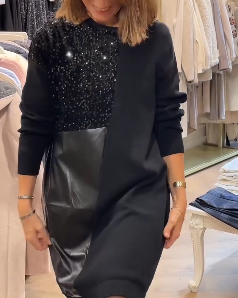Pu Leather Fine Glitter Patchwork Dress
