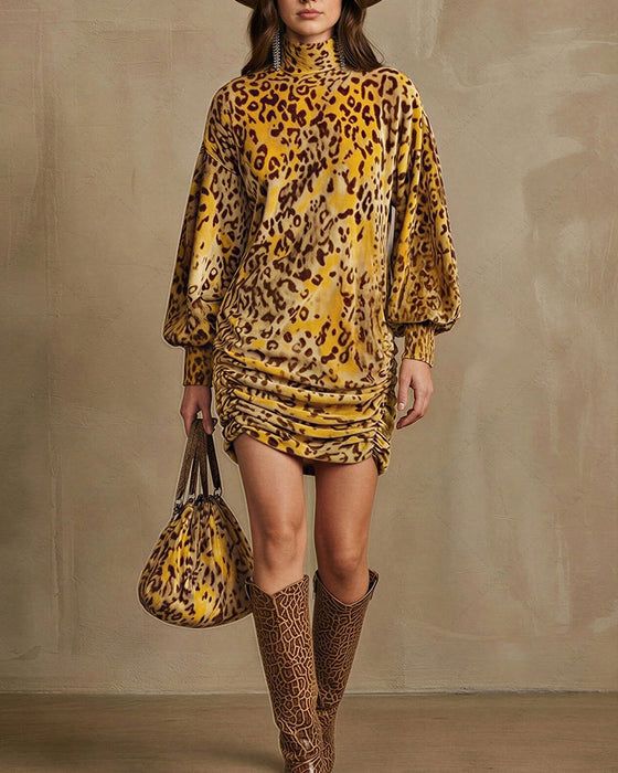 High Neck Leopard Lantern Sleeve Elegant Dress
