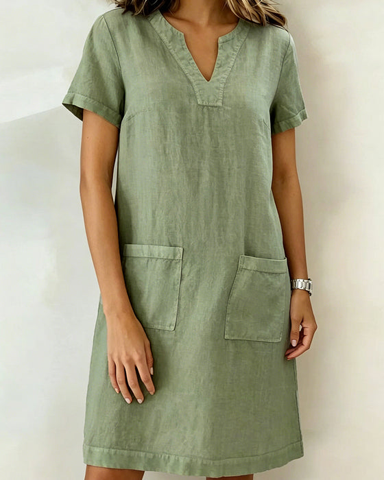 Small V-Neck Pocket Shift Dress