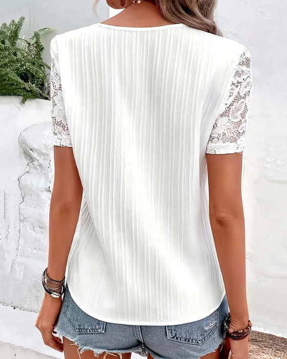 V-Neck Solid Color Lace Stitching Blouse