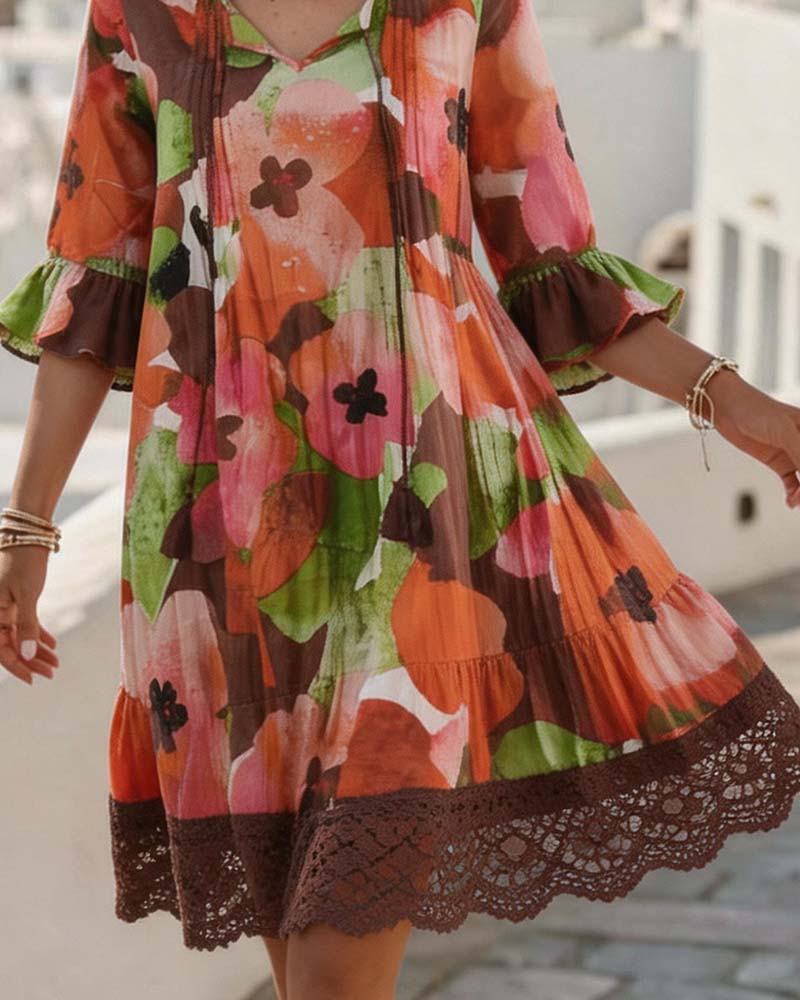V-Neck Printed Three-Quarter Sleeve Dress