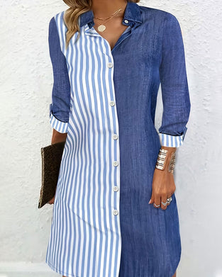 Collared Striped Color-Blocked Shirt Dress