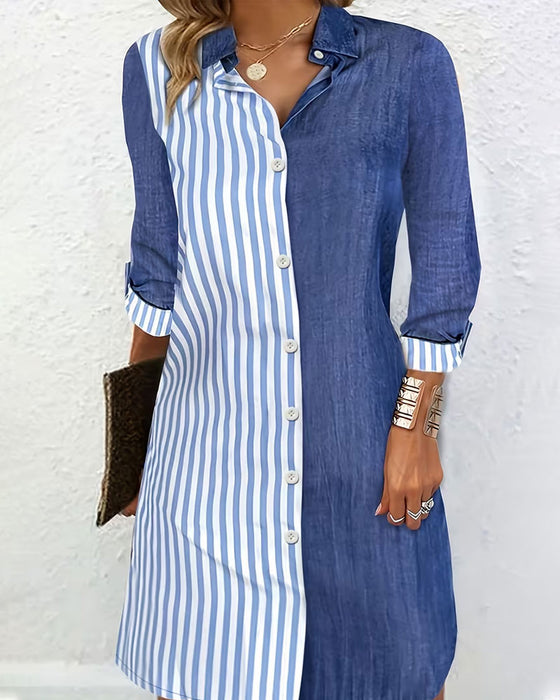 Collared Striped Color-Blocked Shirt Dress