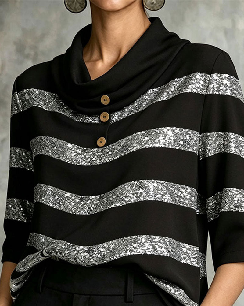 Geometric Stripe Cinched Waist Drawstring Blouse