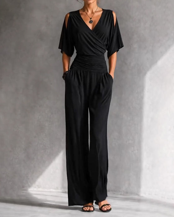 V-Neck Crossover Cold Shoulder Waist Pocket Jumpsuit