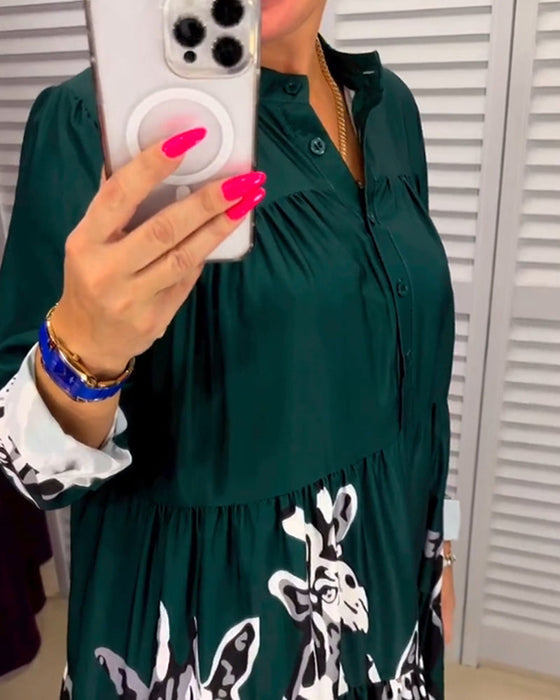 Printed button casual long dress