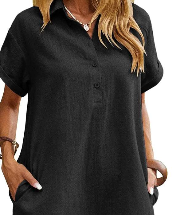 Lapel Button Split Short Sleeve Casual Dress