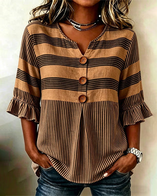 V-Neck Ruffle Striped Patchwork Blouse