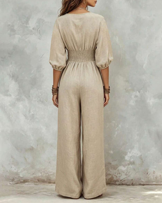 V-Neck Button Elastic Waist Puff Sleeve Jumpsuit