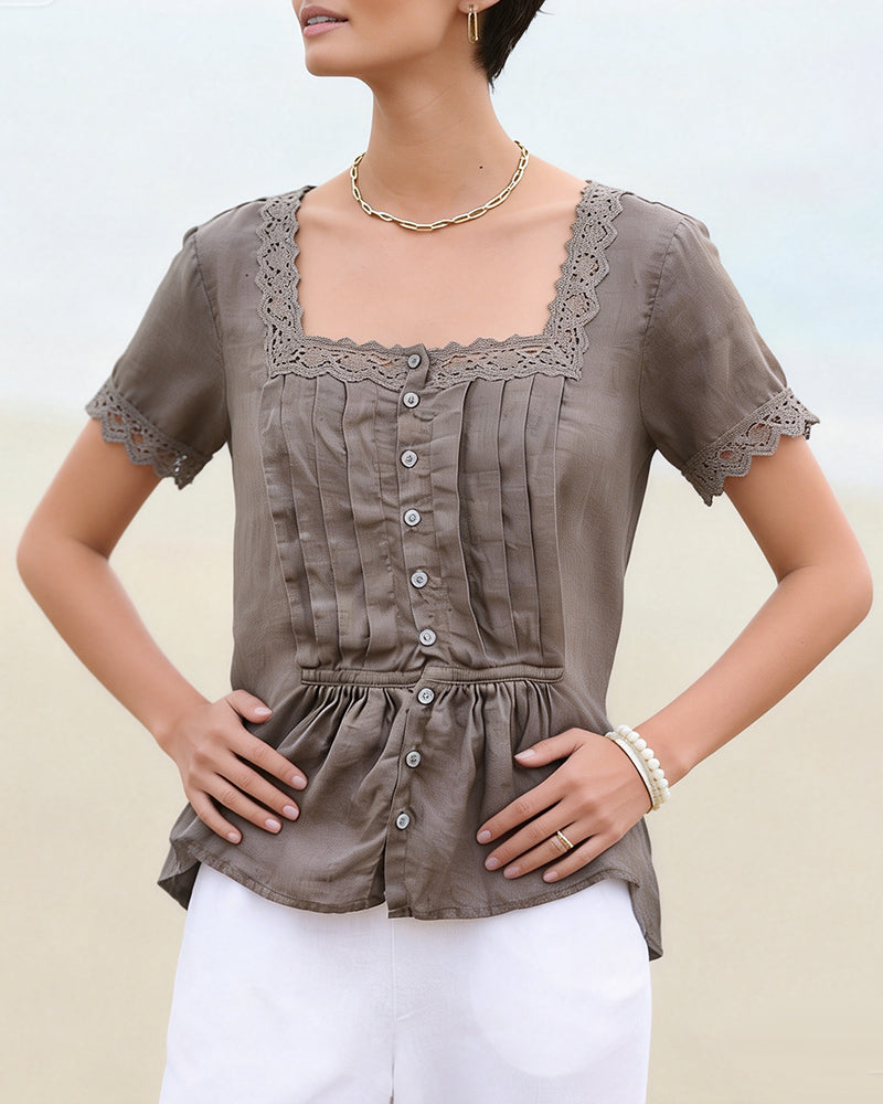 Lace Panel Square Neck Short Sleeve Blouse