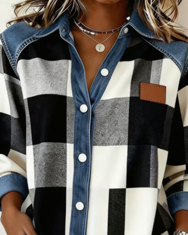 Plaid Color Block Denim Patchwork Shirt