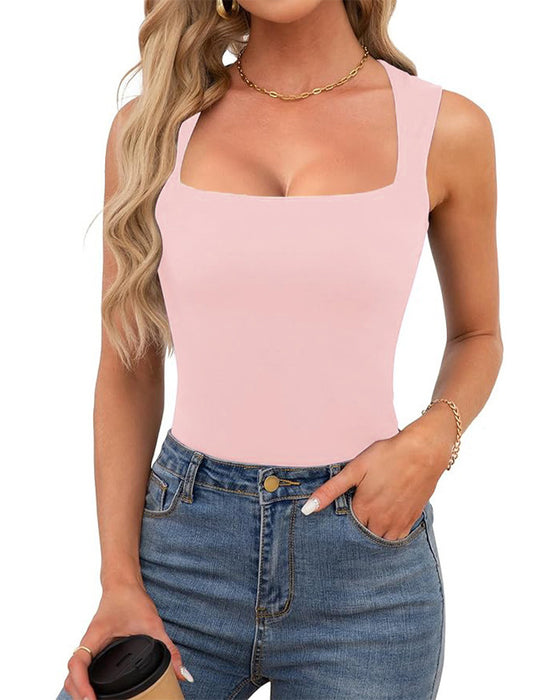 Square Neck Ribbed Solid Tank Top