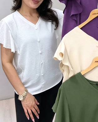 V-Neck Button Flutter Sleeve Blouse
