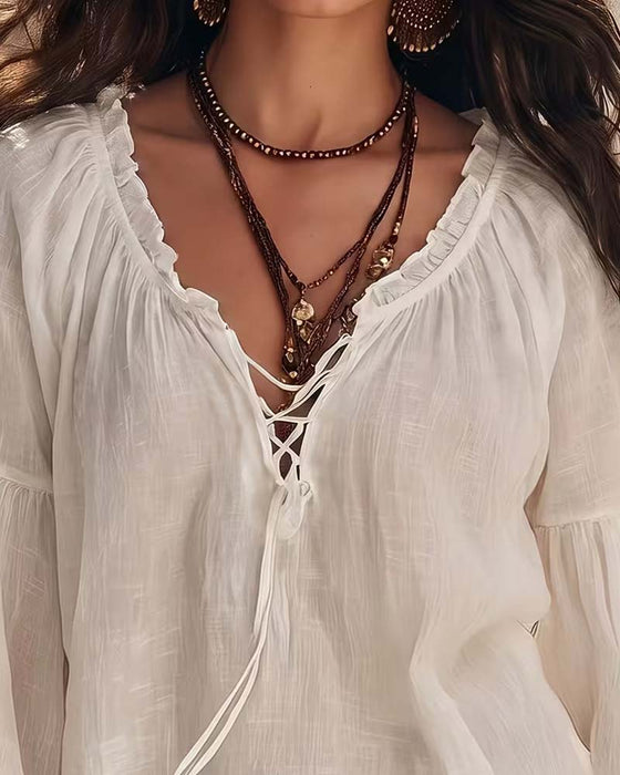Puff Lantern Sleeve Ruffle Tie Blouse