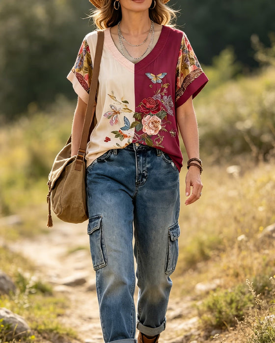 V-Neck Asymmetric Patchwork Floral Blouse