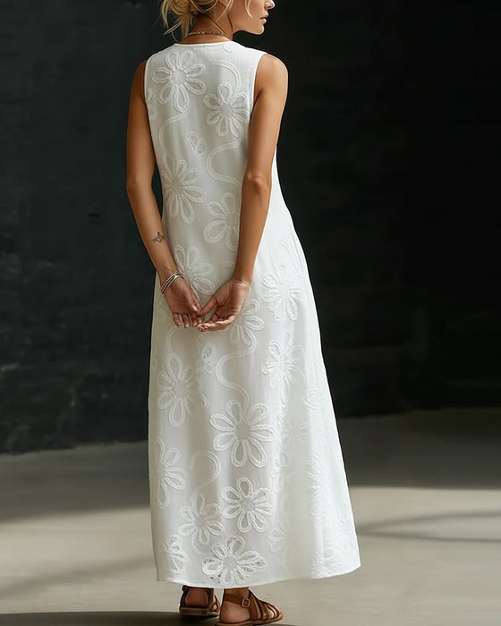 V-Neck Floral Pattern Diagonal Button Long Dress