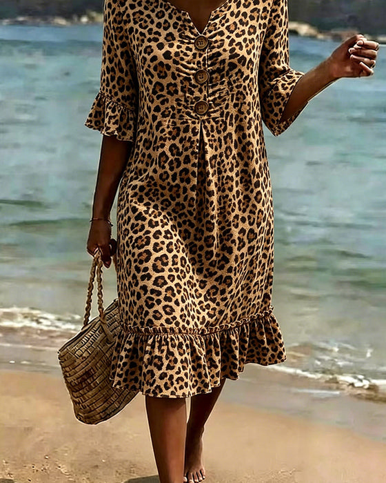 Leopard Print V-Neck Ruffled Dress