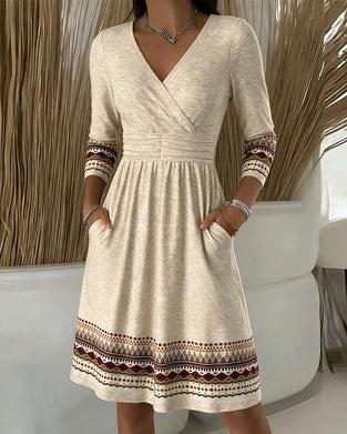 V-Neck Printed Long-Sleeved A-Hem Dress