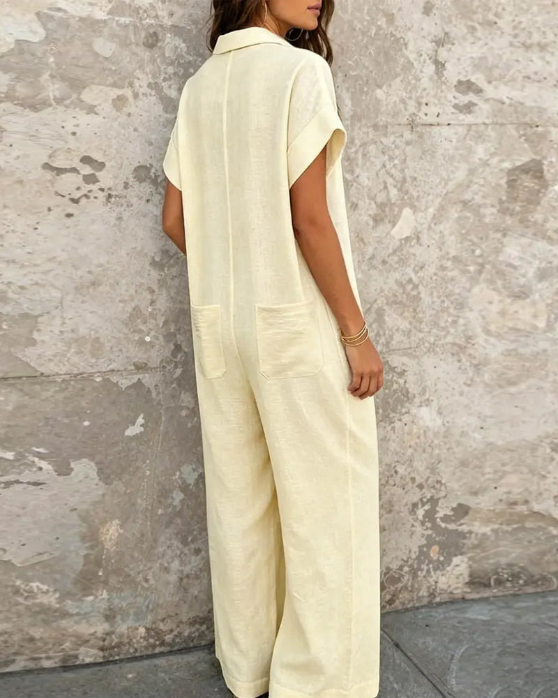 Casual Lapel Solid Color Jumpsuits