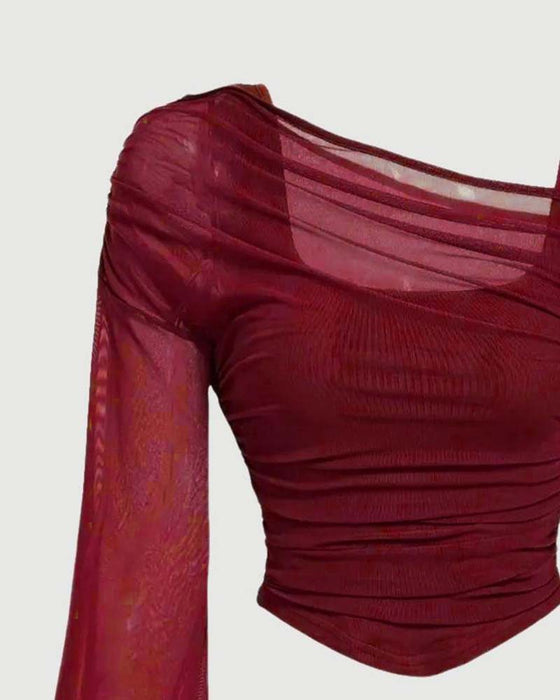 Mesh Ruffled Long Sleeve Cami Blouse