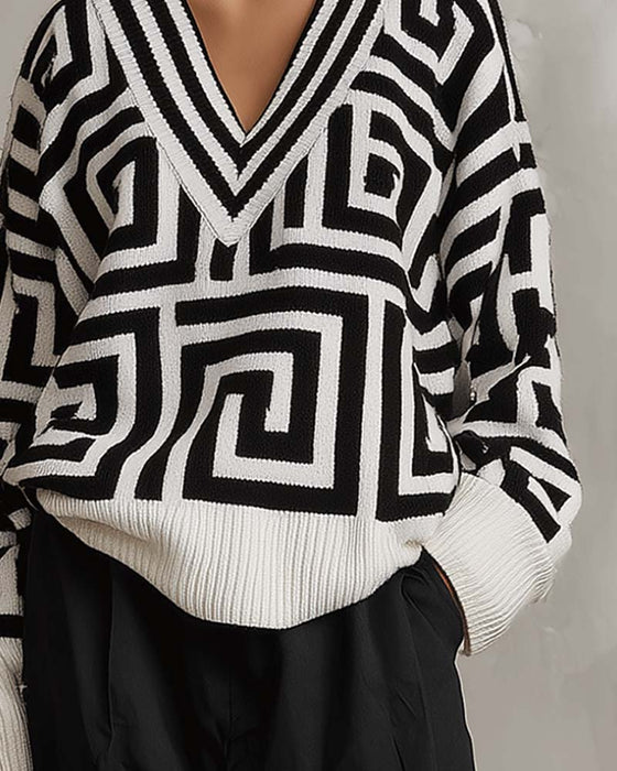 Geometric pattern V-neck knitted Pullovers