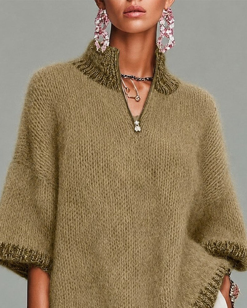 Half-Zip Contrasting Three-Quarter Sleeve Pullover