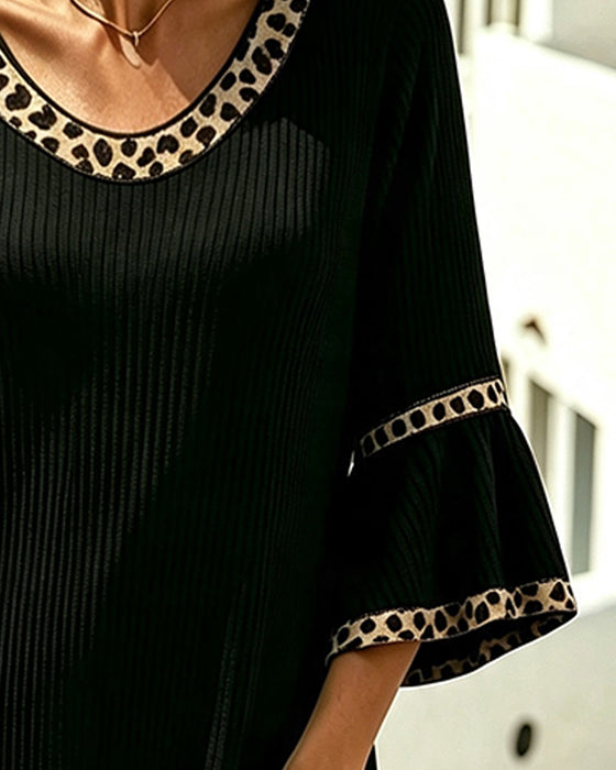 Flare Sleeve Ribbed Leopard Dress