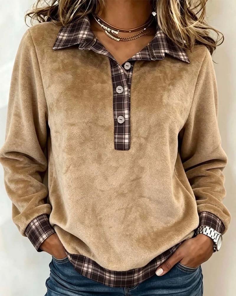 Lapel Button Plaid Patchwork Sweatshirt
