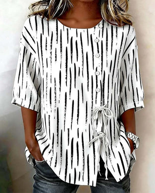 Striped Button Three-Quarter Sleeve Top