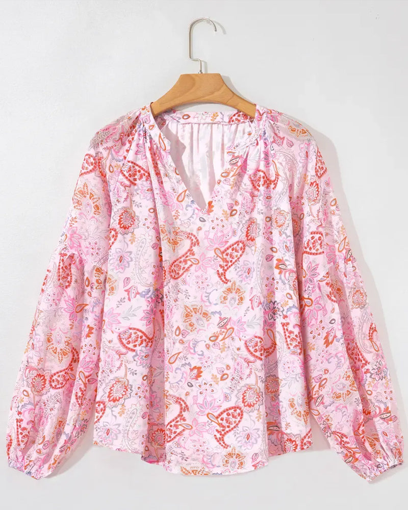 Lantern Sleeve Printed V-Neck Blouse