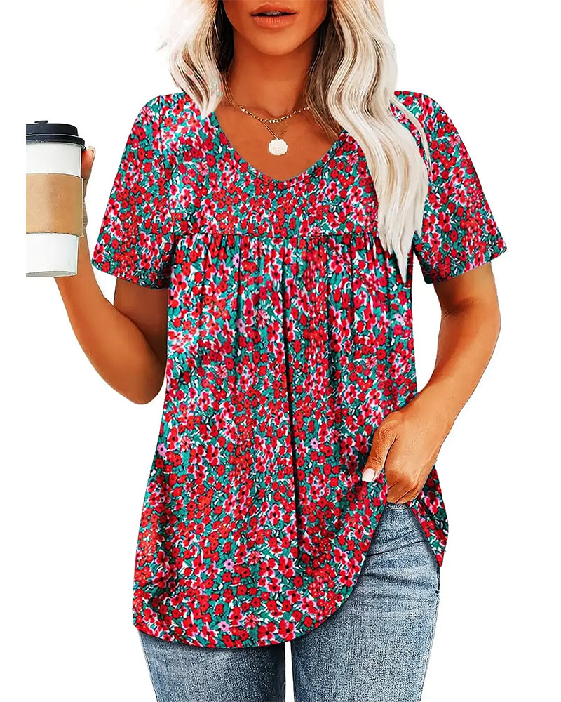 Floral V-Neck Short-Sleeved Blouse