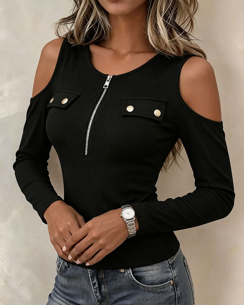 Cutout Shoulder Off-Shoulder Half Zip Long Sleeve Top